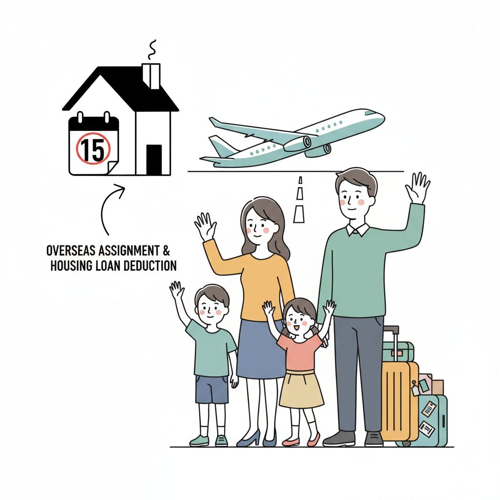 海外赴任で空港に向かう家族と、その背後に見える自宅のシルエット。住宅ローン控除の書類やカレンダーも描かれ、海外赴任中の税金手続きの複雑さを示唆している。