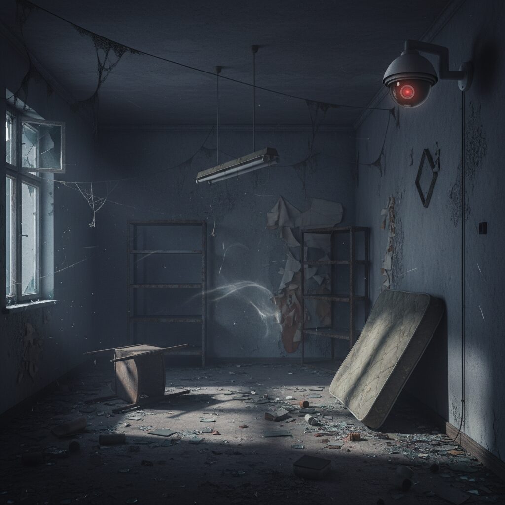 薄暗い部屋に設置された監視カメラの映像。事故物件の不気味な雰囲気を伝える画像。