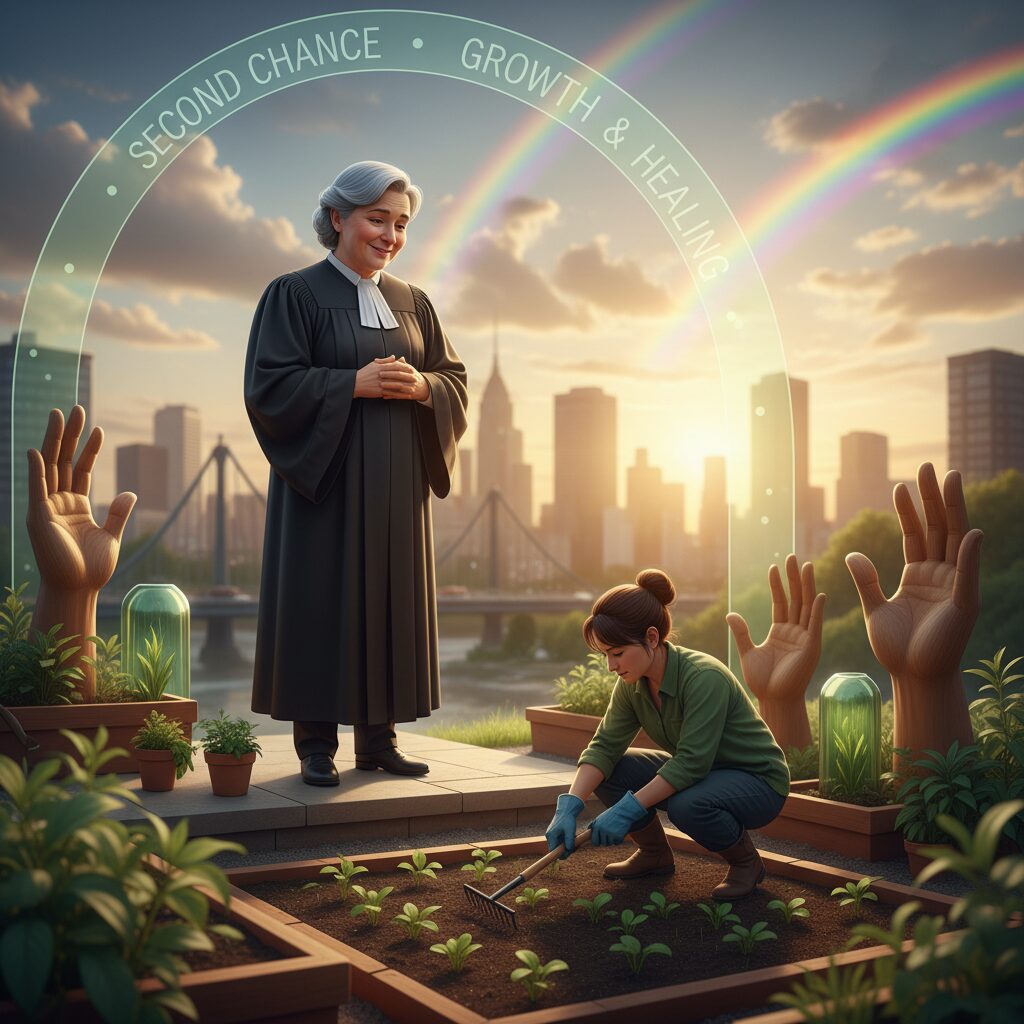 保護観察官と保護司が対象者を支援する様子を描いたイラスト。