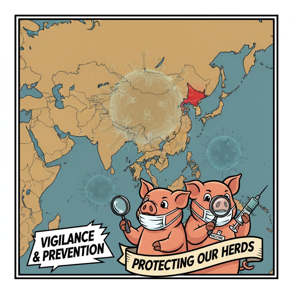 アジアで広がるアフリカ豚熱から日本を守るための警戒と対策を示すイラスト