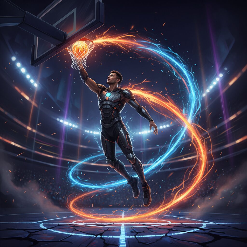 ロサンゼルス・レイカーズのユニフォームを着たオースティン・リーブスがバスケットボールをプレイしている様子