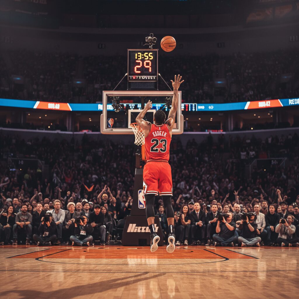 NBAの試合でブロックショットを試みるバスケットボール選手の後ろ姿