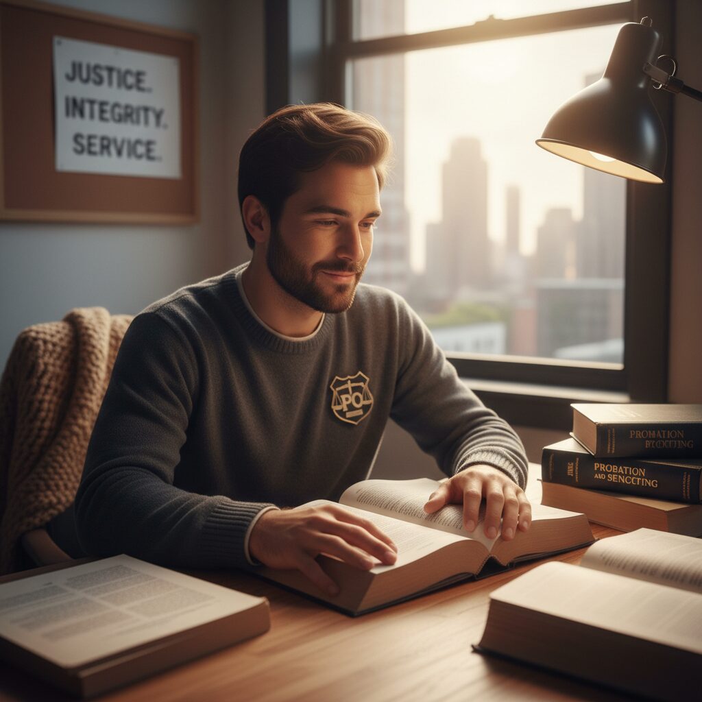 保護観察官を目指す学生が机で勉強している様子