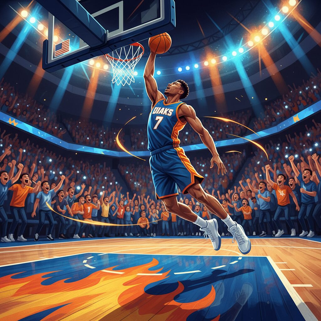 若きバスケットボール選手が躍動する姿、未来のNBAスターを予感させるイメージ