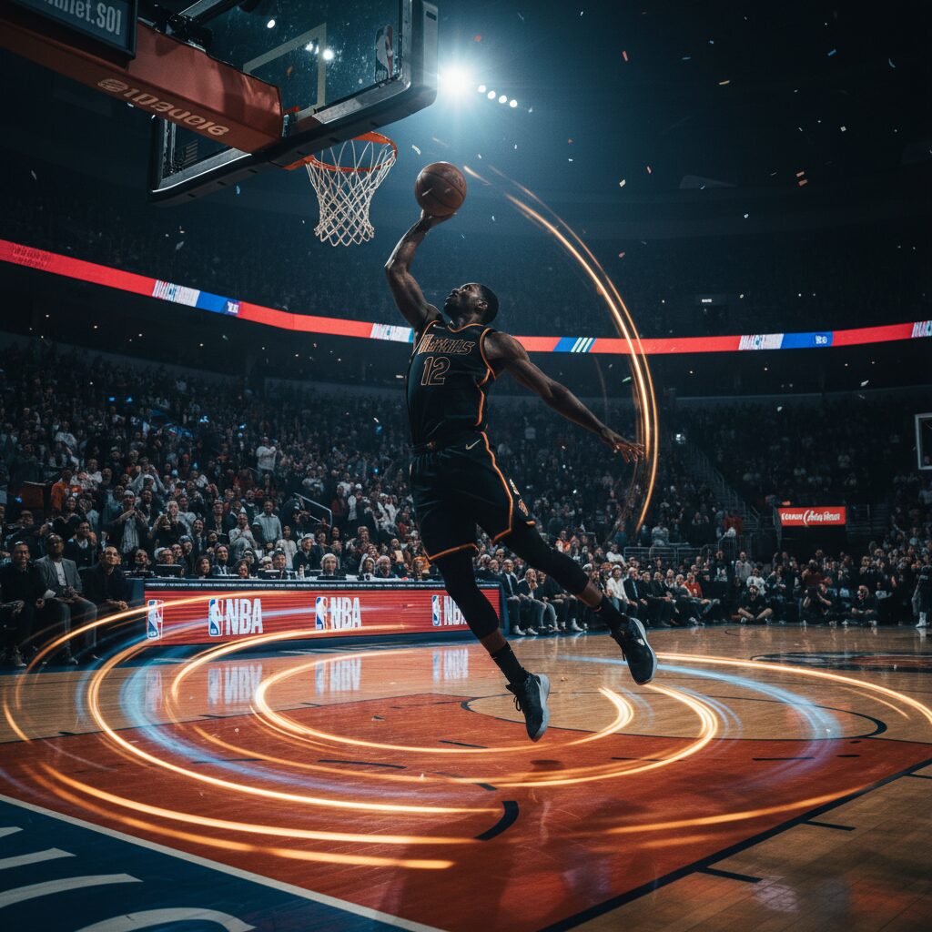 ダラス・マーベリックスのユニフォームを着たアンソニー・デイビス選手が、激しいプレーを見せるバスケットボールの試合シーン。