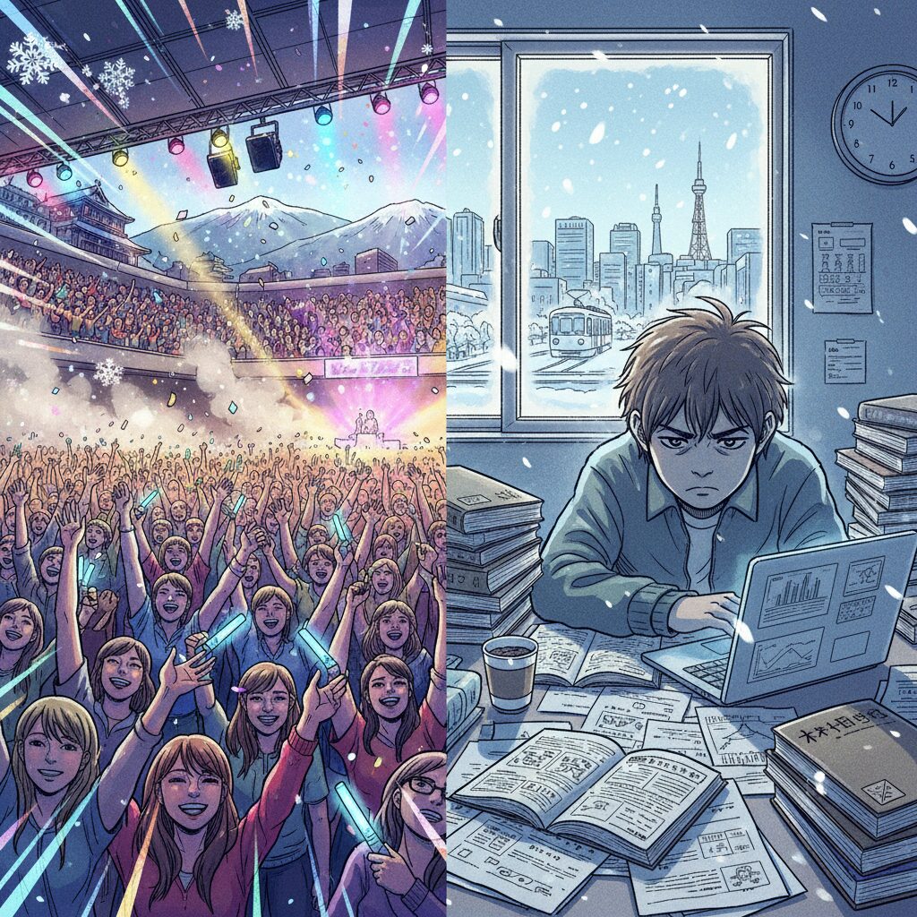 嵐のコンサート会場と受験勉強中の学生が並んだ画像
