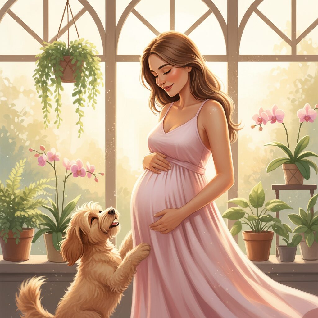 ピンクのドレスを着て愛犬と共に微笑む松村沙友理さん、お腹に手を添える。