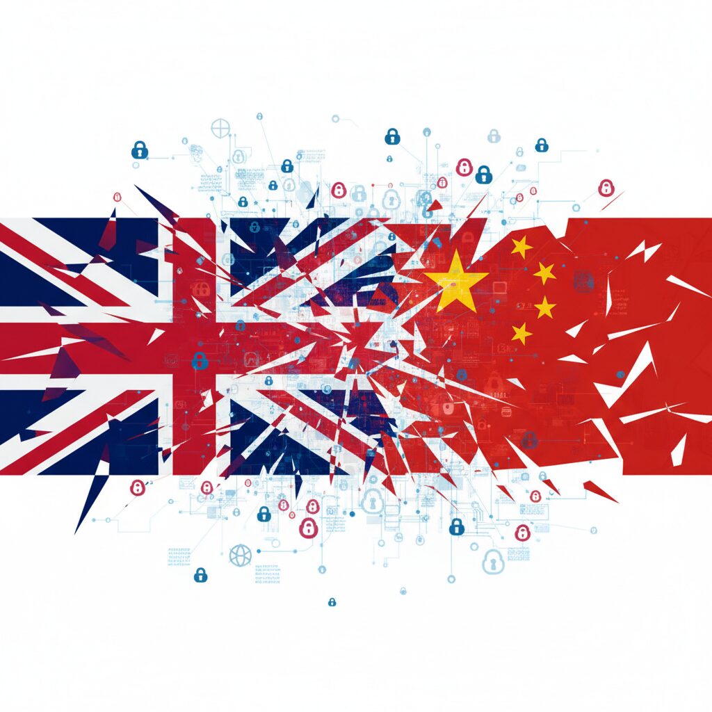 イギリスと中国の国旗が対峙し、サイバーセキュリティと情報戦を象徴するデジタル要素が背景にある画像。