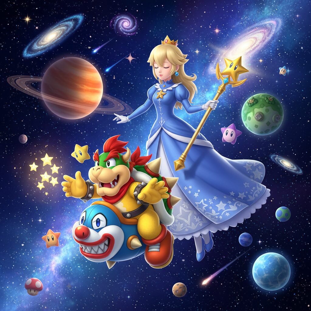 『ザ・スーパーマリオギャラクシー・ムービー』の新たな声優、山下大輝（クッパJr.）と坂本真綾（ロゼッタ）が宇宙を背景に並ぶイメージ。