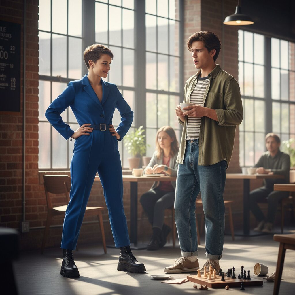 永野芽郁演じるショートヘアの女性と、困惑しつつも愛しい表情の男性が向かい合う、現代的なラブコメディのシーン