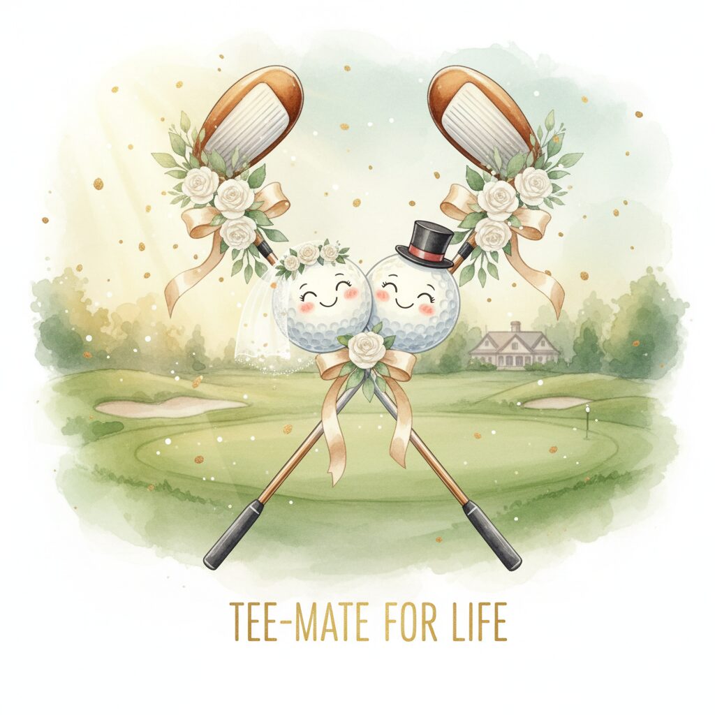 ゴルフクラブとゴルフボールが描かれた、金谷拓実選手と吉本ここね選手の結婚を祝うイメージ
