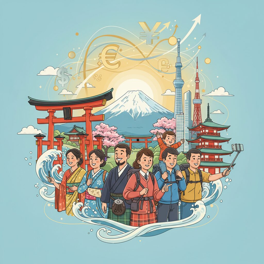 多様な国籍の観光客が日本の観光地を楽しむ様子。