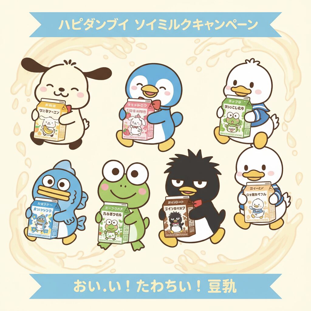 サンリオの人気キャラクターユニット「はぴだんぶい」のメンバーがキッコーマン豆乳の限定パッケージを持った、可愛らしいイラスト