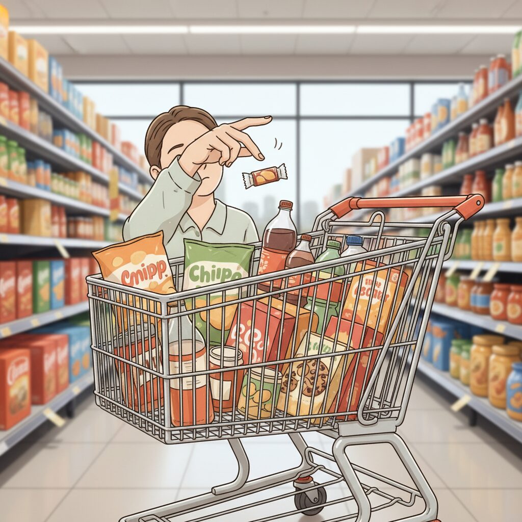 量が減った商品と買い物客、実質値上げの概念を示すイラスト