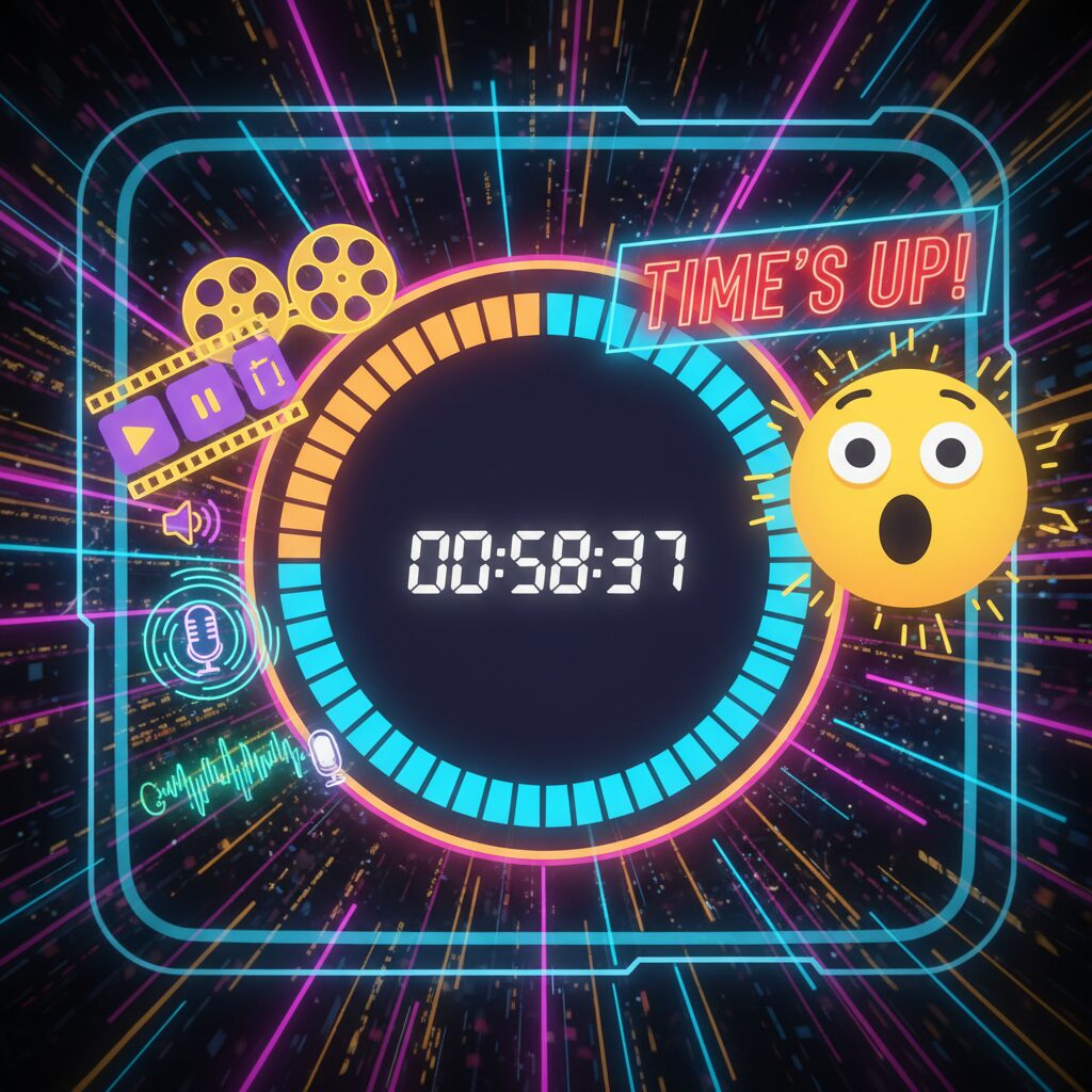 クイズ番組「タイムショック」のタイマーや効果音、感情表現素材がクリエイターや視聴者に与える影響と活用法を示すイラスト