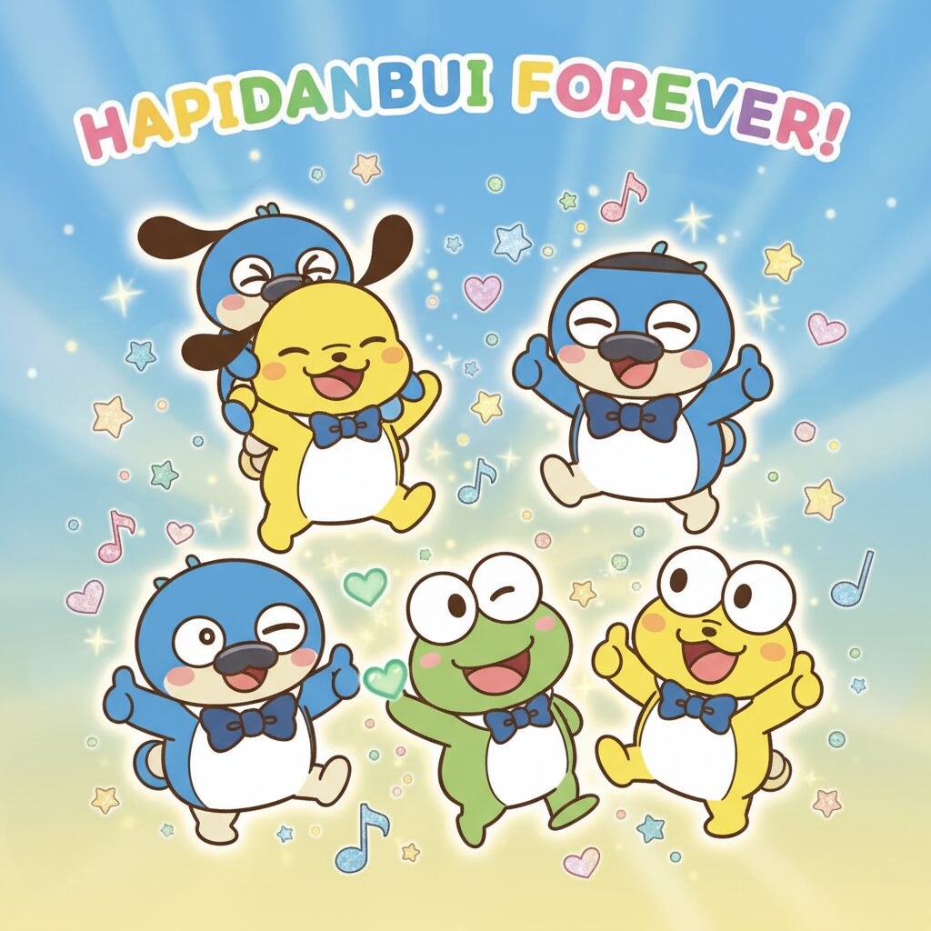 ポチャッコ、タキシードサム、けろけろけろっぴ、バッドばつ丸、ハンギョドン、あひるのペックルのはぴだんぶい6人が集まって笑顔でポーズをとっているイラスト。