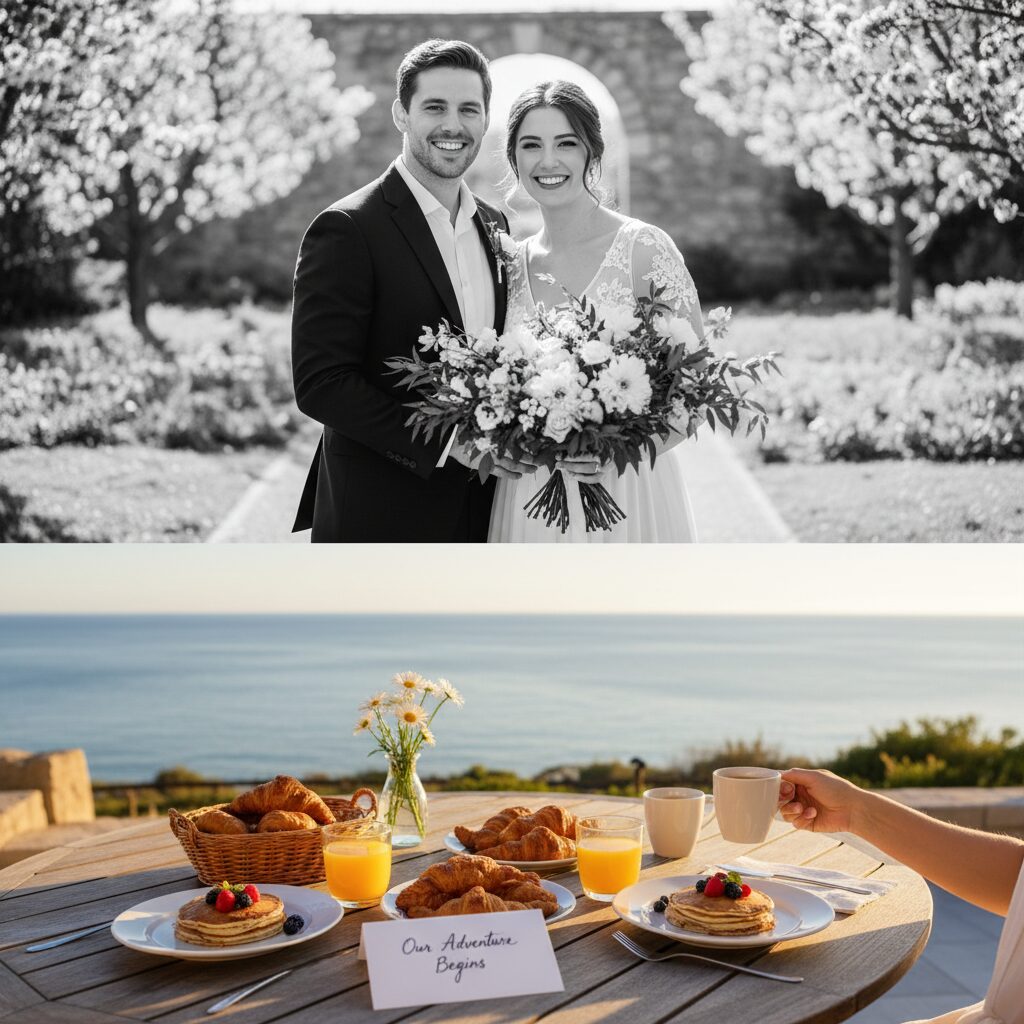 俳優の柳俊太郎さんとモデルの玖瑠実さんが笑顔で花束を持つモノクロ写真