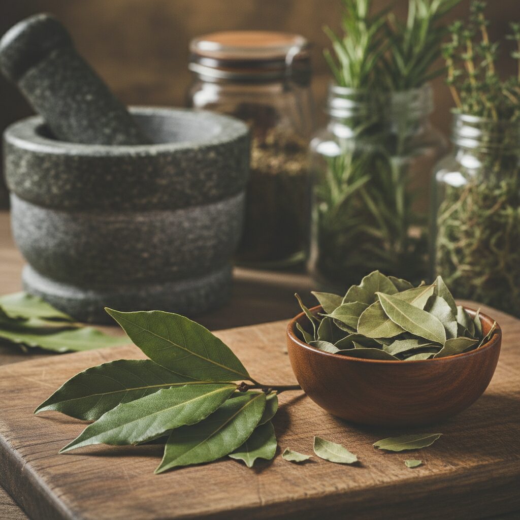 新鮮な月桂葉と乾燥月桂葉が置かれた素朴なキッチンの風景。