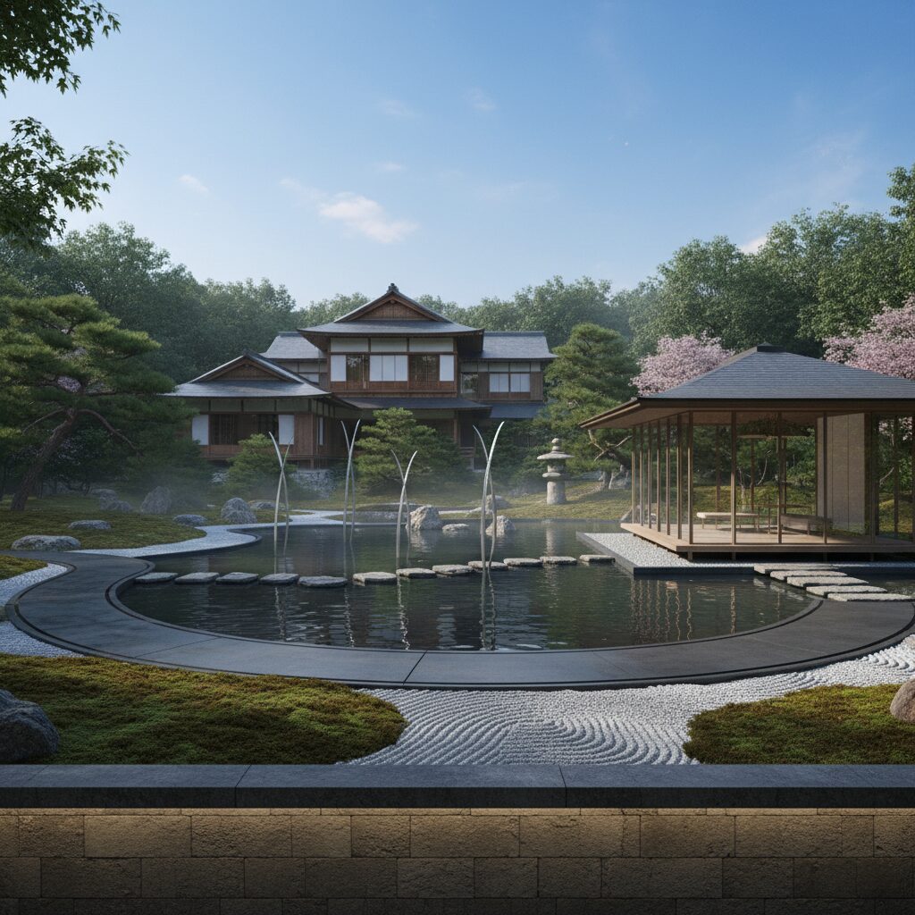 伝統的な日本庭園と歴史的な邸宅
