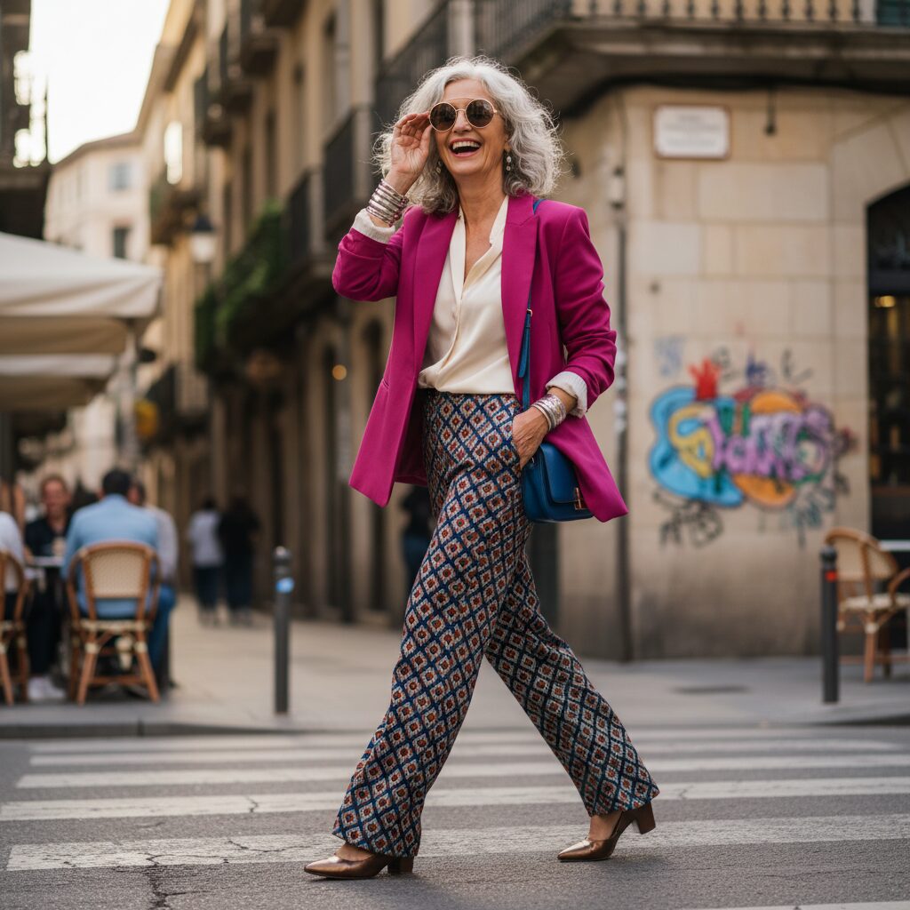 笑顔で都会を歩く、スタイリッシュな60代の女性