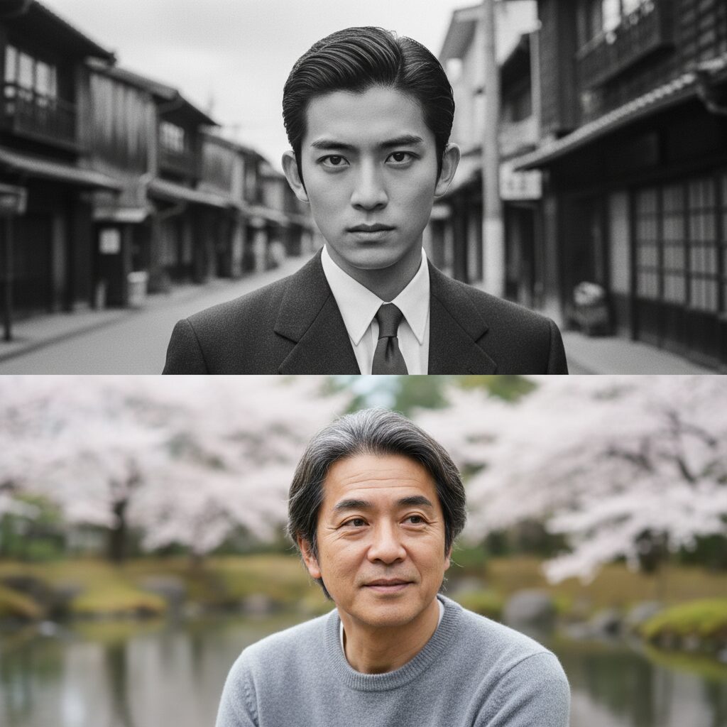 若い頃の鋭い表情の松重豊と、現在の穏やかな表情の松重豊が並ぶ画像