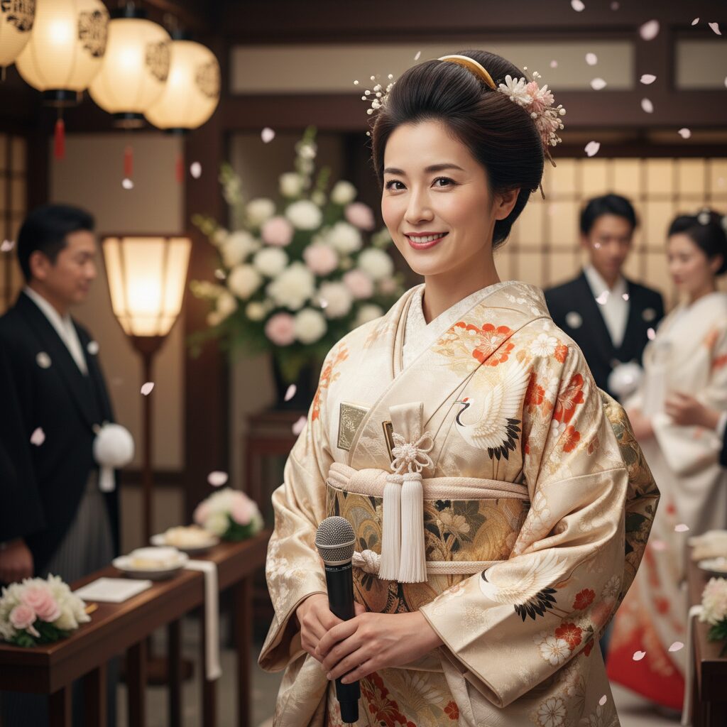 華やかな着物を着て笑顔を見せる女性アナウンサーの全身像。背景には結婚式の温かい雰囲気がぼんやりと広がっている。