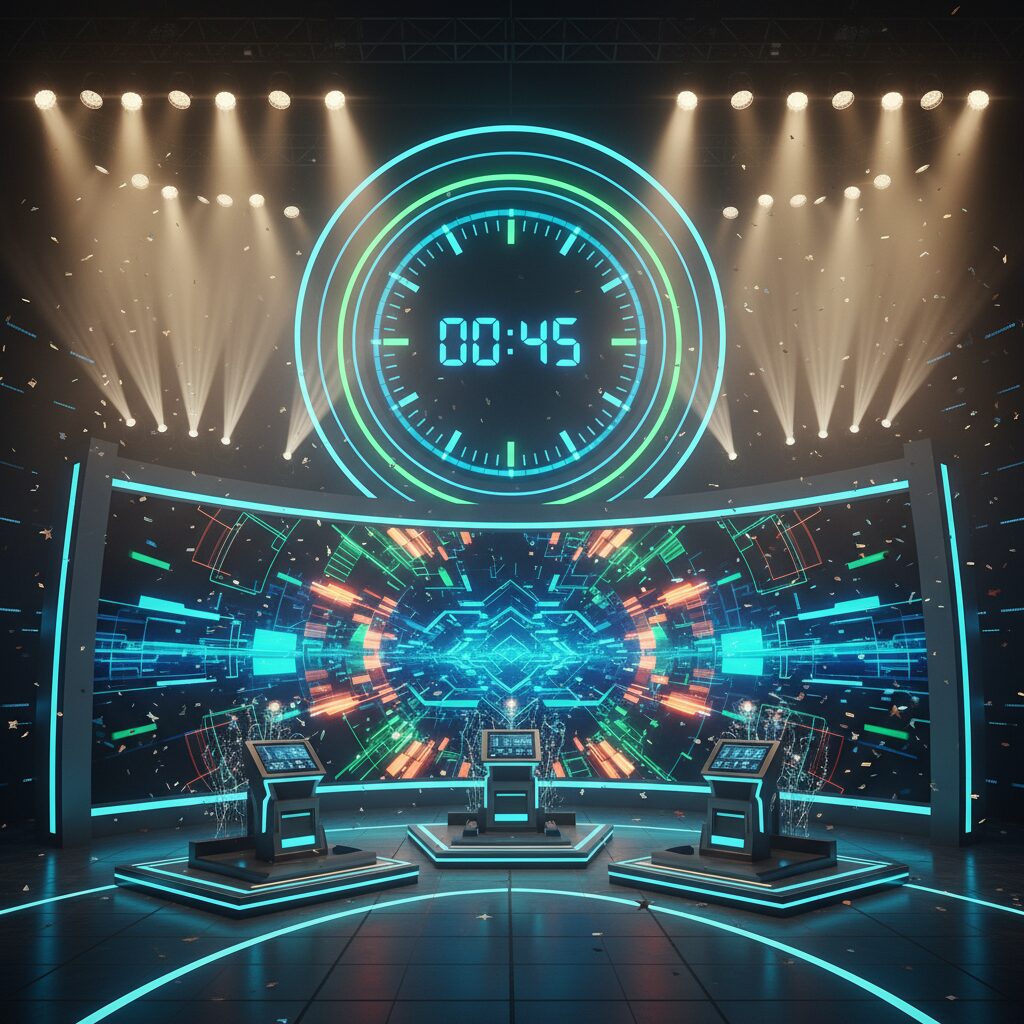 クイズ番組「タイムショック21」の活気あるスタジオ風景