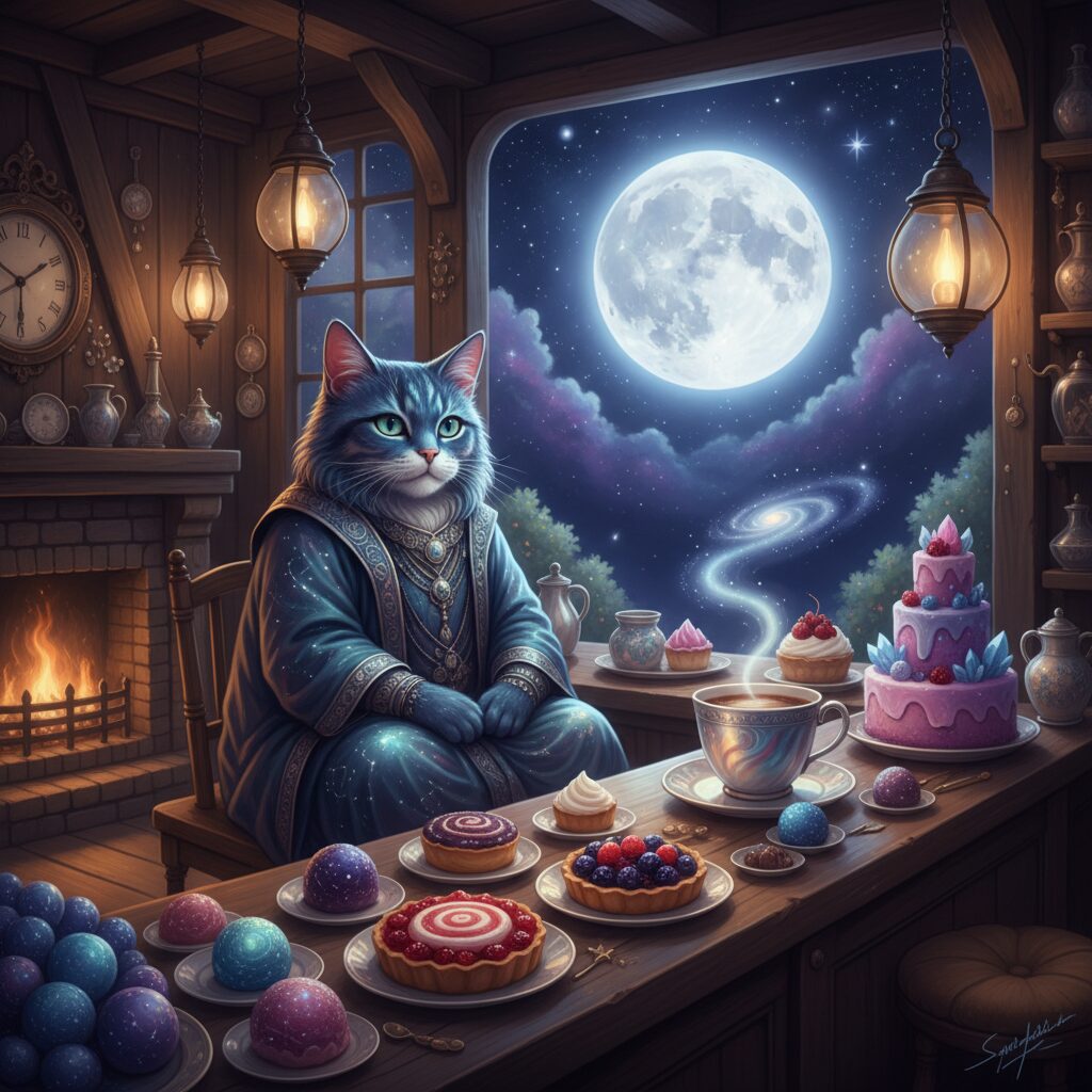 満月の夜に現れる不思議な珈琲店で、猫のマスターが星詠みと特製スイーツを提供するイラスト