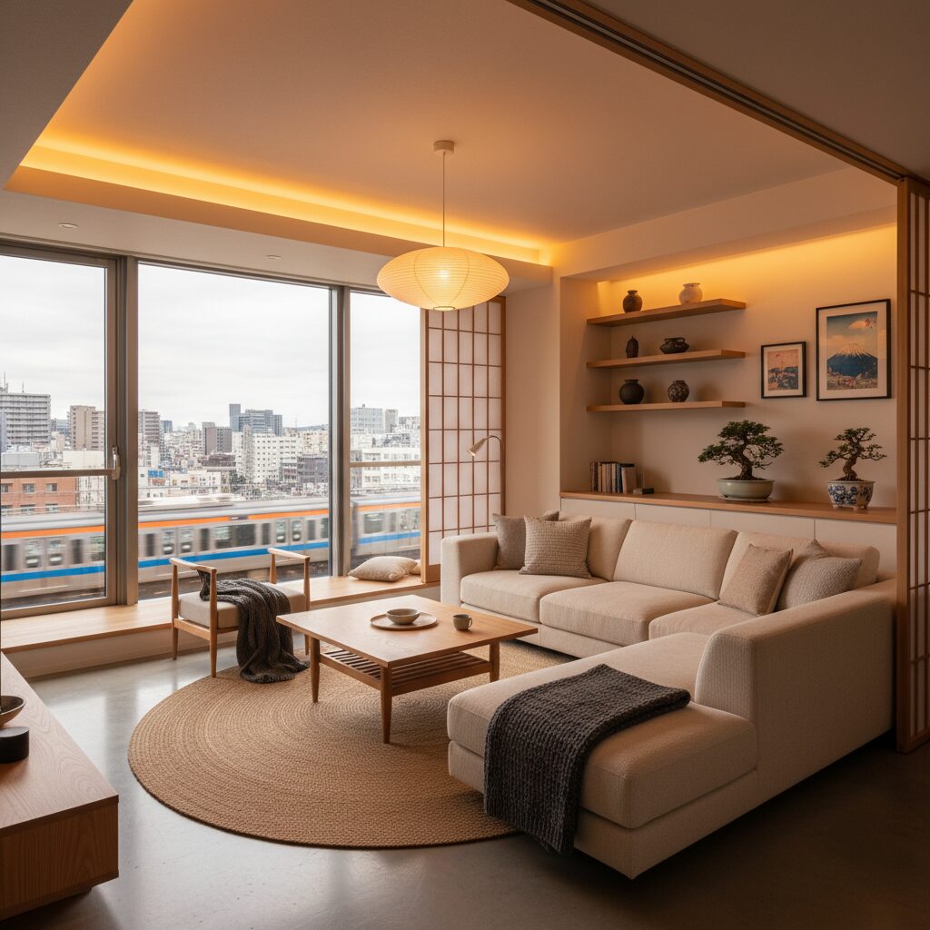 小田急線沿線のモダンな中古マンションのリビング。窓からは電車が見える。