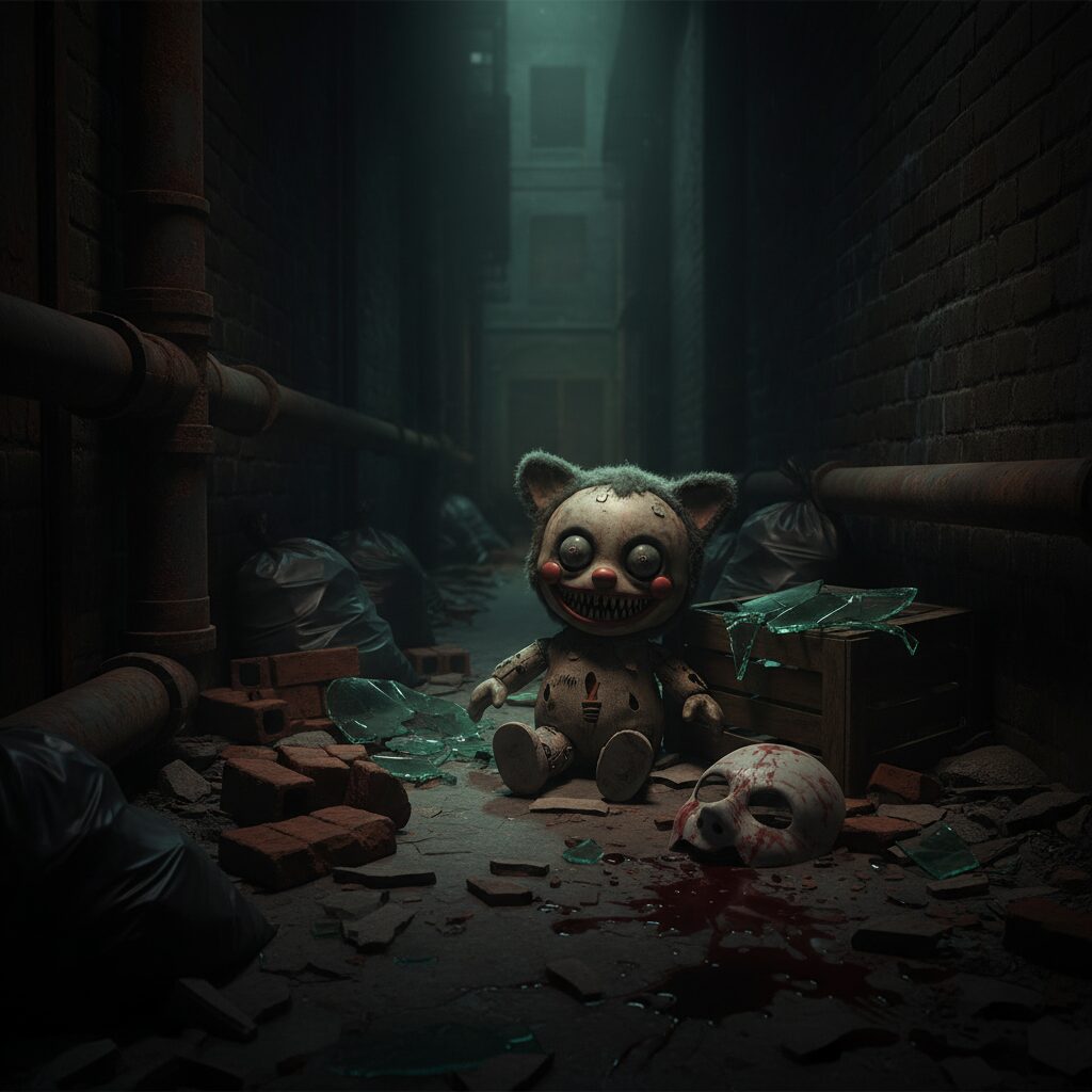 薄暗い路地に隠された、少し壊れた不気味なチャーリー君人形。