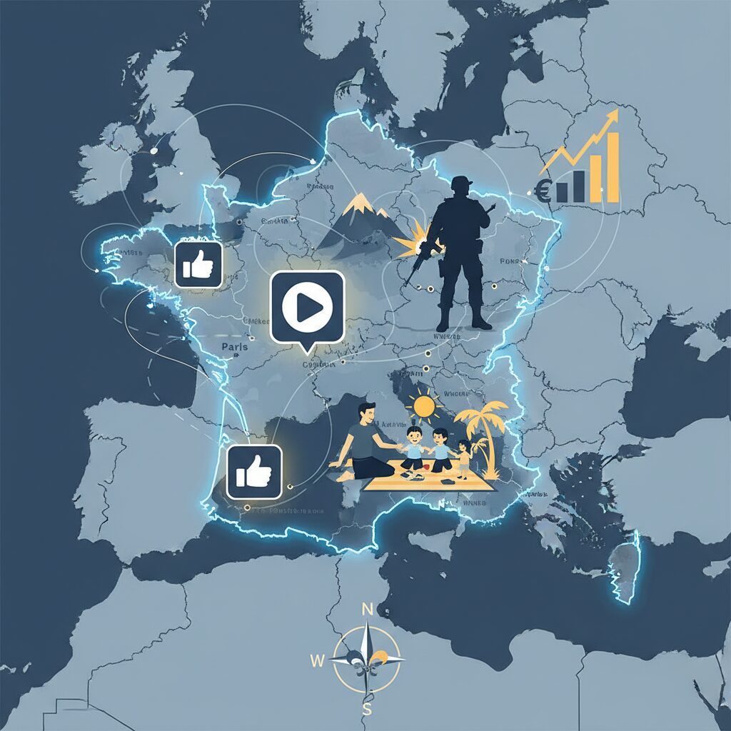 フランスとヨーロッパの地図にSNSアイコン、政治グラフ、兵士、家族のイラストが描かれた画像