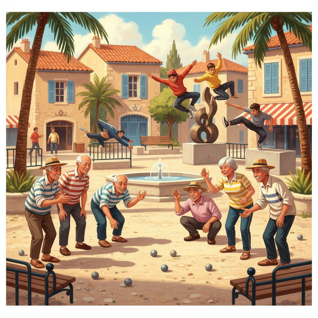 フランスの広場でペタンクを楽しむ人々、背景には街中でパルクールを行う若者たち。