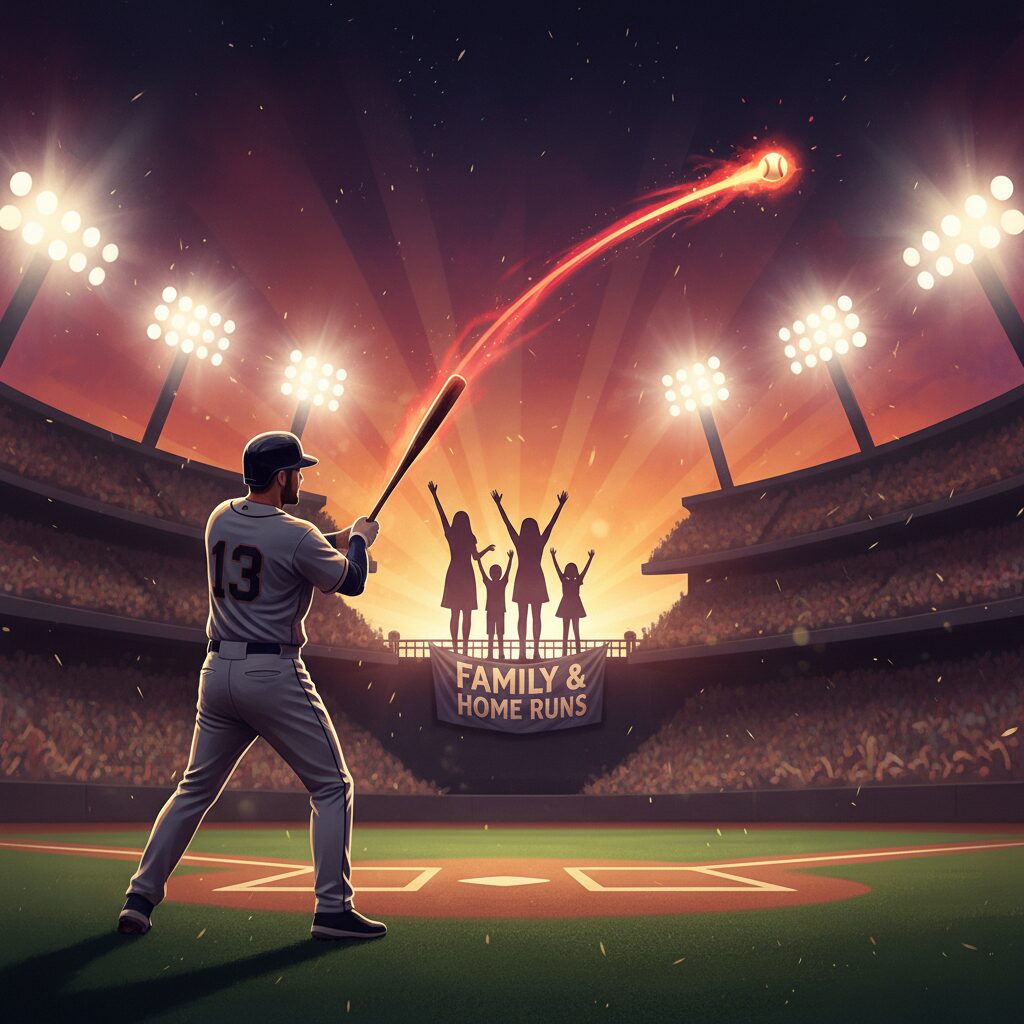 西武ライオンズの中村剛也選手がホームランを打つ後ろ姿。スタンドには応援する妻と3人の息子のシルエット。