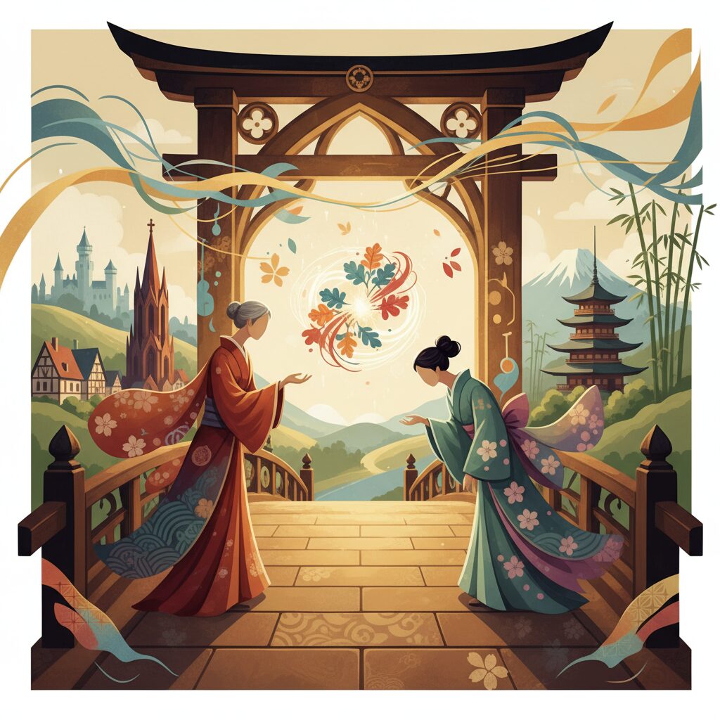 ドイツと日本の文化が融合した風景の中で、声楽の教育が行われている様子を抽象的に描いたイラスト。音楽と学びの象徴が散りばめられている。