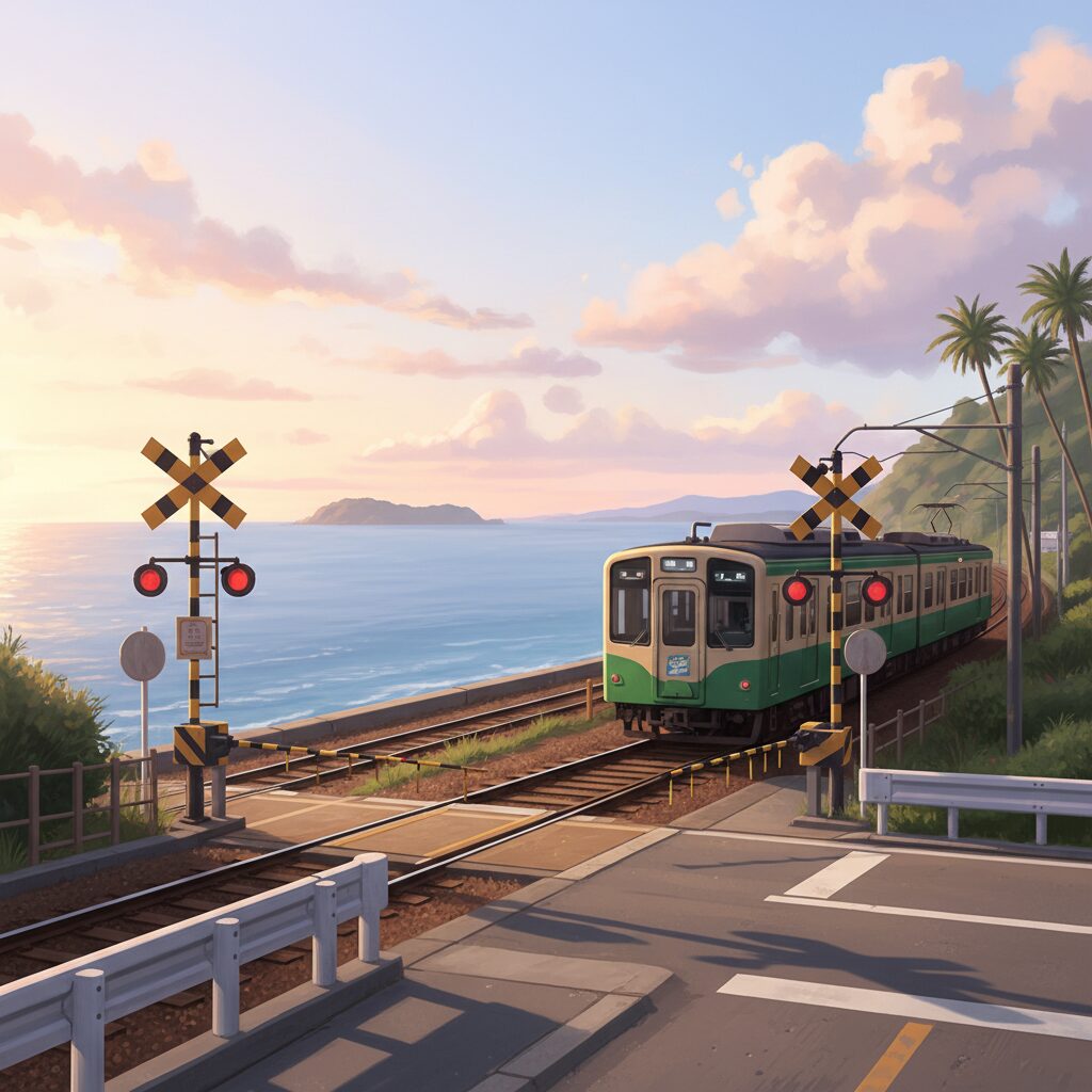 鎌倉高校前駅のホームから望む相模湾と江ノ電、そして夕焼け空。