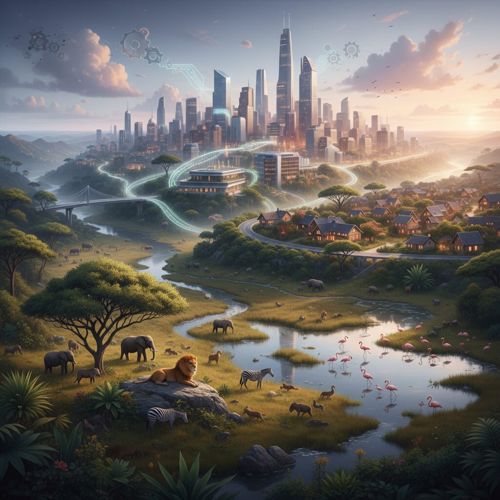 多様な動植物の生息地と人間の居住空間が融合した風景