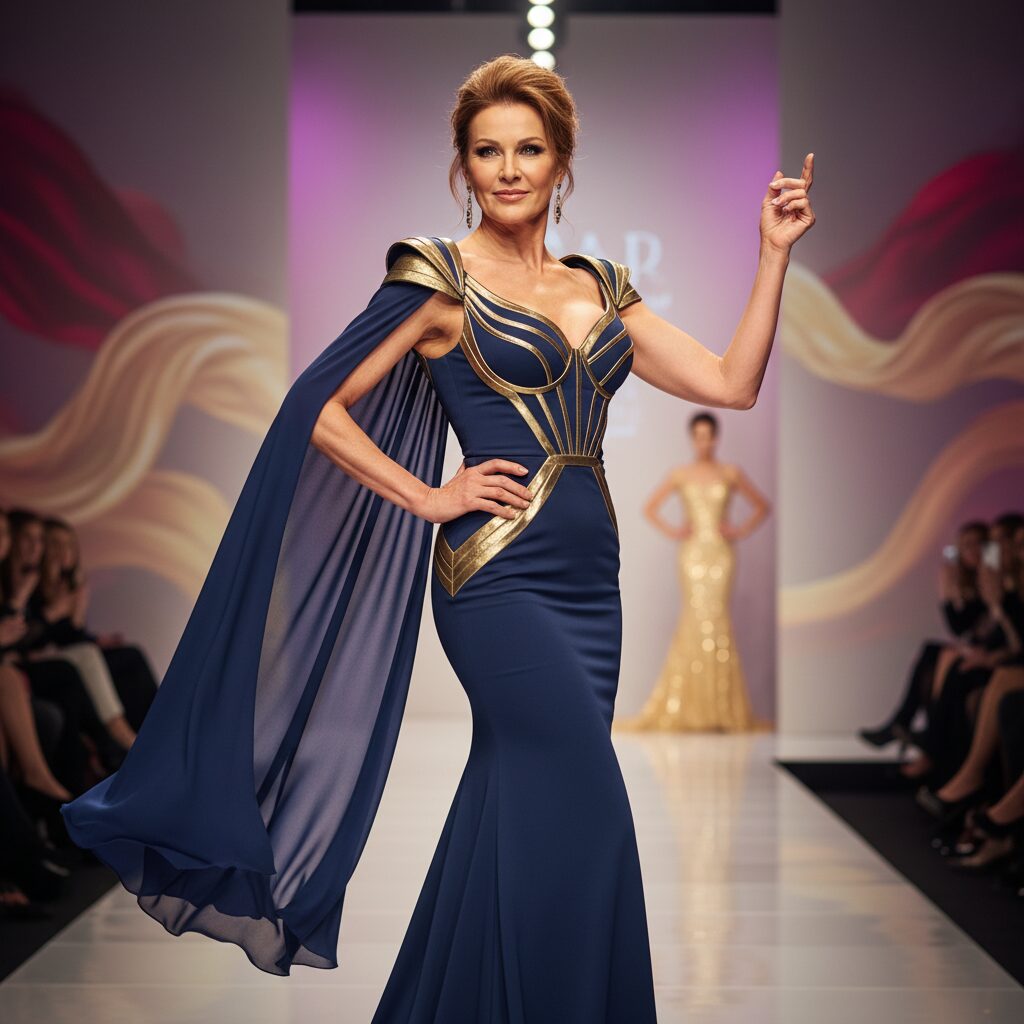 華やかなランウェイでポーズをとるアンミカさんのアイキャッチ画像