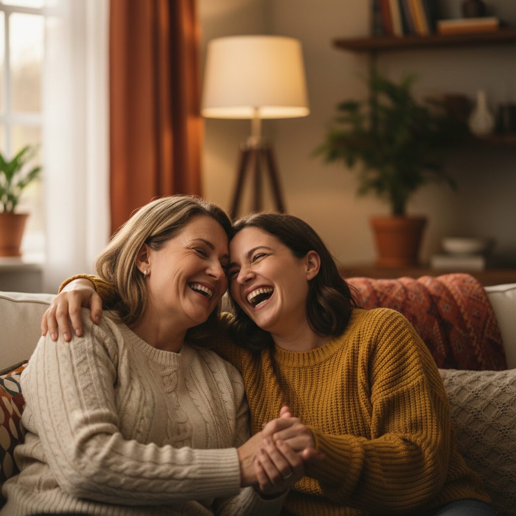 渡辺満里奈さんと娘が笑顔で向き合う、温かい雰囲気の家族写真