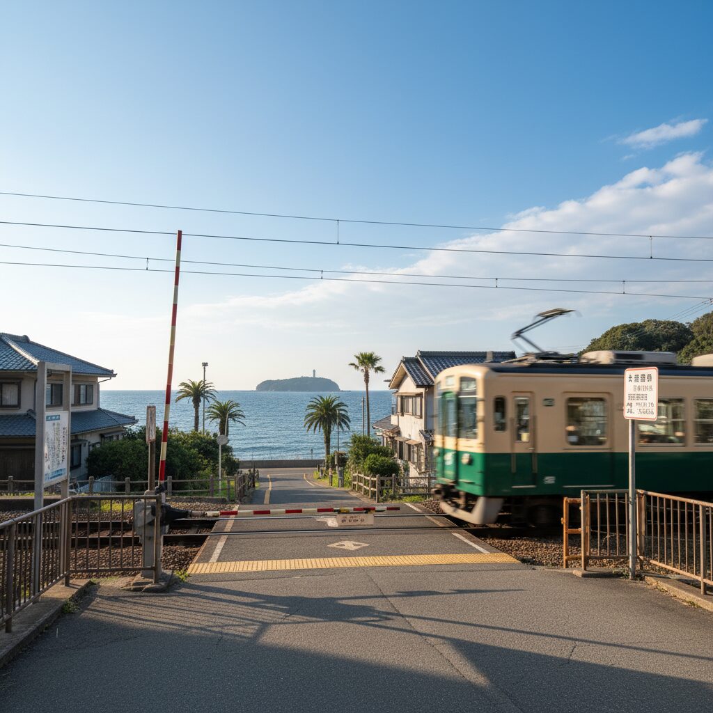 江ノ島と海を背景に江ノ電が走る鎌倉高校前駅の踏切