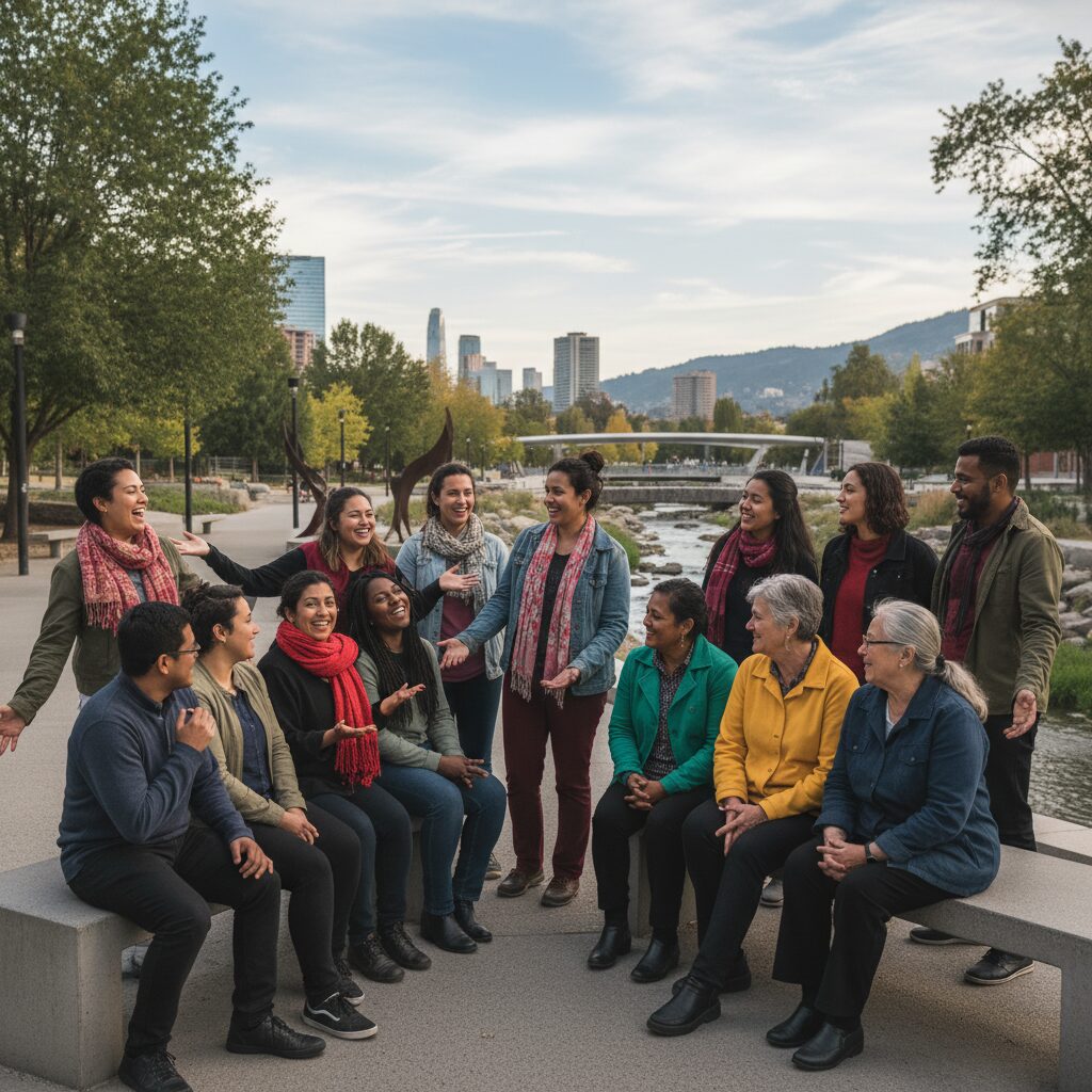 さまざまな表情の人物が会話している様子。一部は笑顔で、一部は真剣な表情。