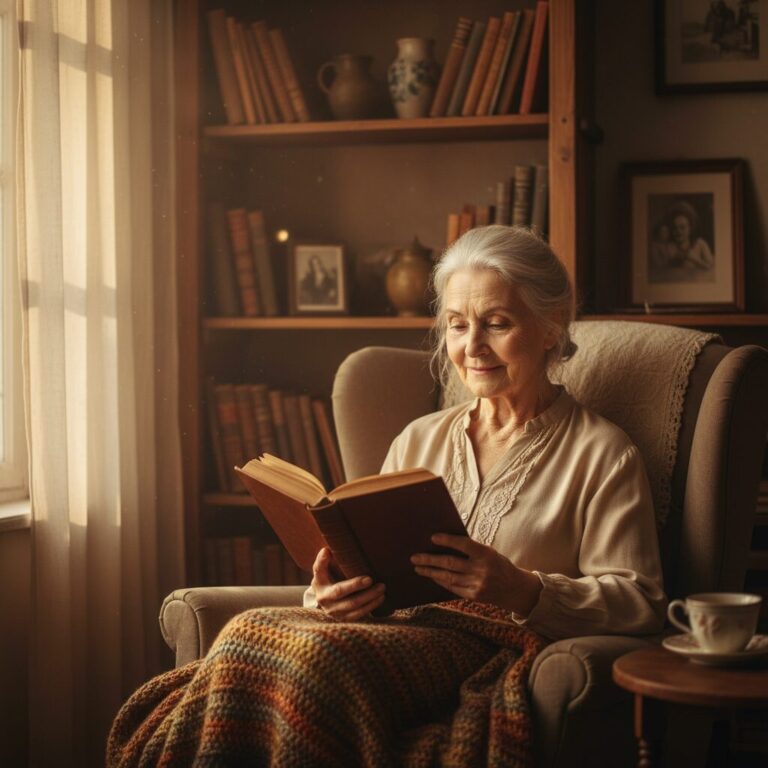 穏やかに微笑む加賀まりこさんのポートレート。温かい日差しが差し込む部屋で、読書をしているような描写。