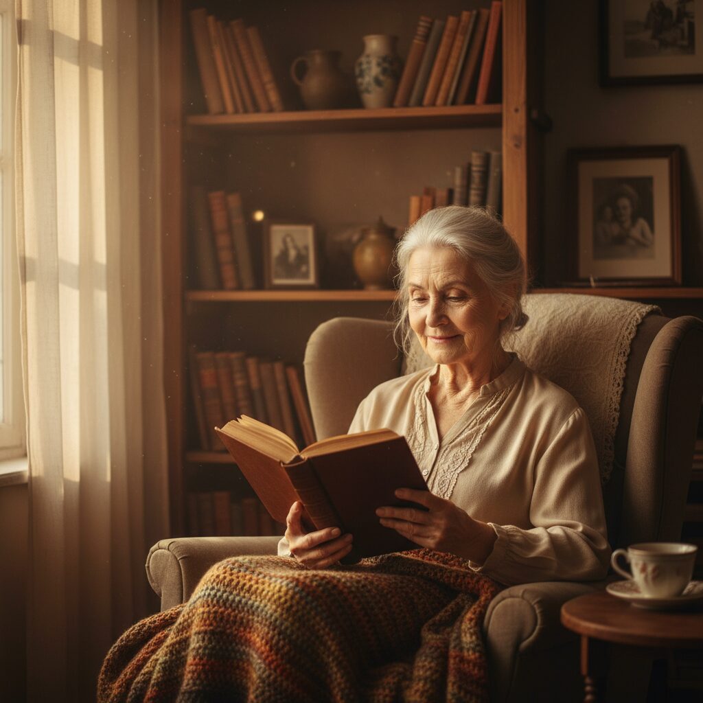 穏やかに微笑む加賀まりこさんのポートレート。温かい日差しが差し込む部屋で、読書をしているような描写。
