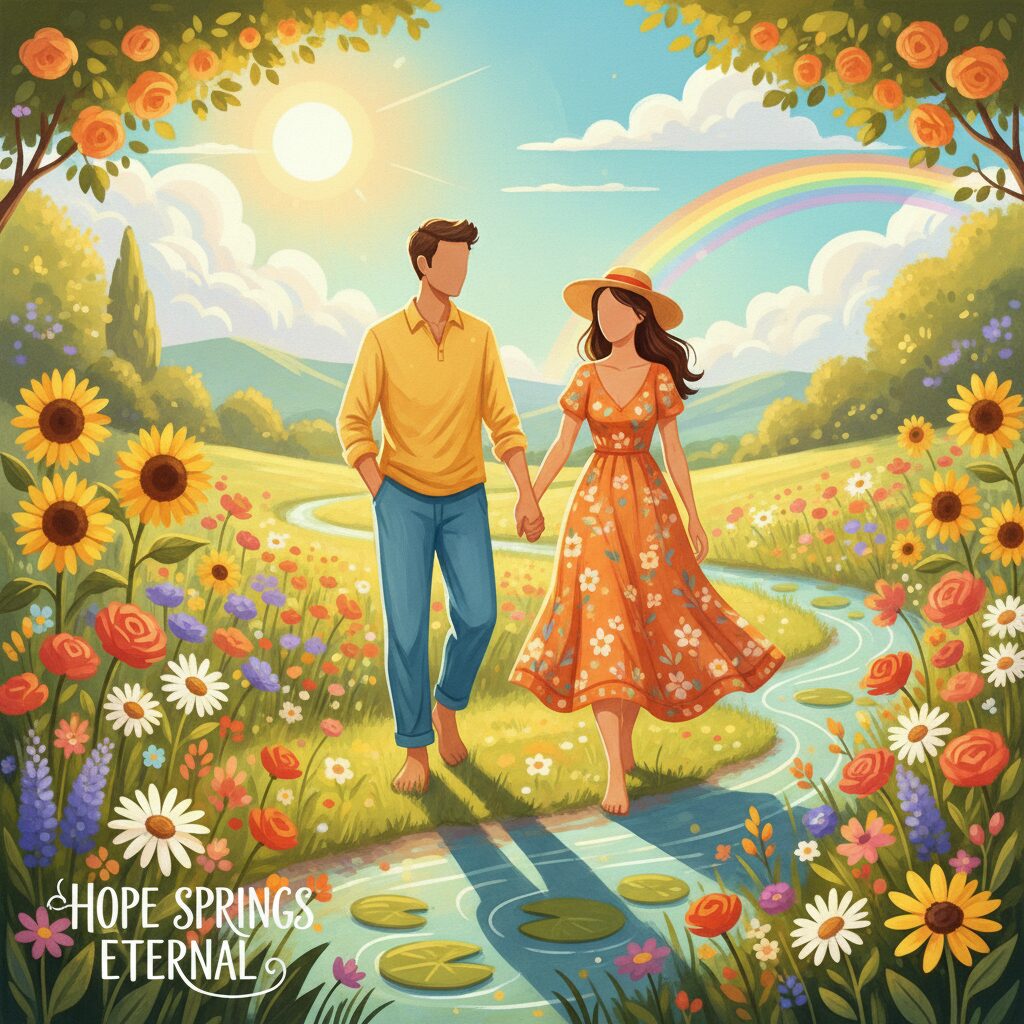 手を取り合って歩く夫婦の後ろ姿が描かれた、希望に満ちたイラスト