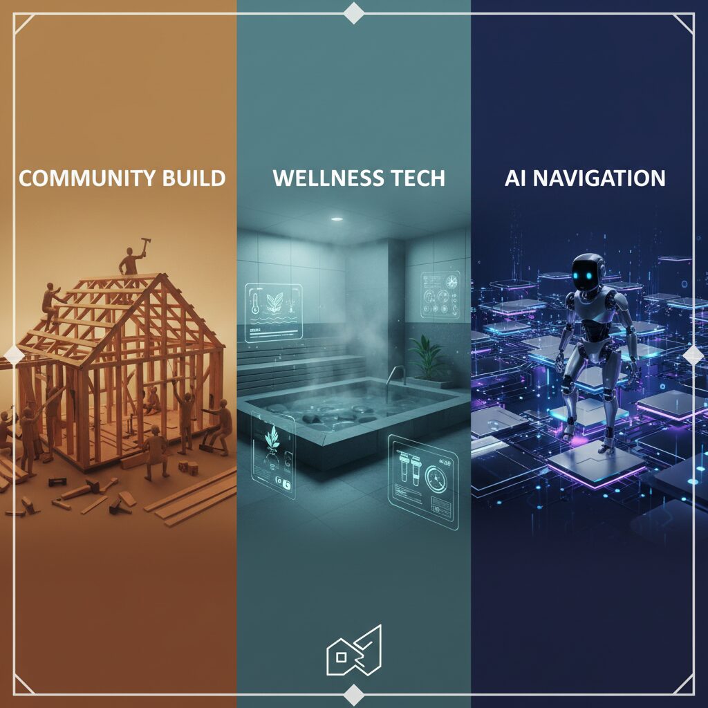 「Habitat」という言葉の複数の意味合いを視覚的に表現したイラスト：建設中の家、温泉施設のデジタルツール、AIロボットが動き回る仮想空間