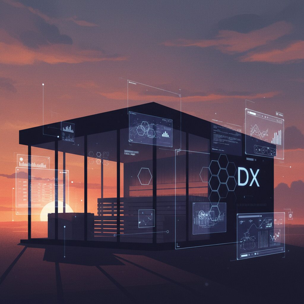 サウナDX事業の破綻を示す、デジタル要素が散りばめられた現代的なサウナ建物のシルエット