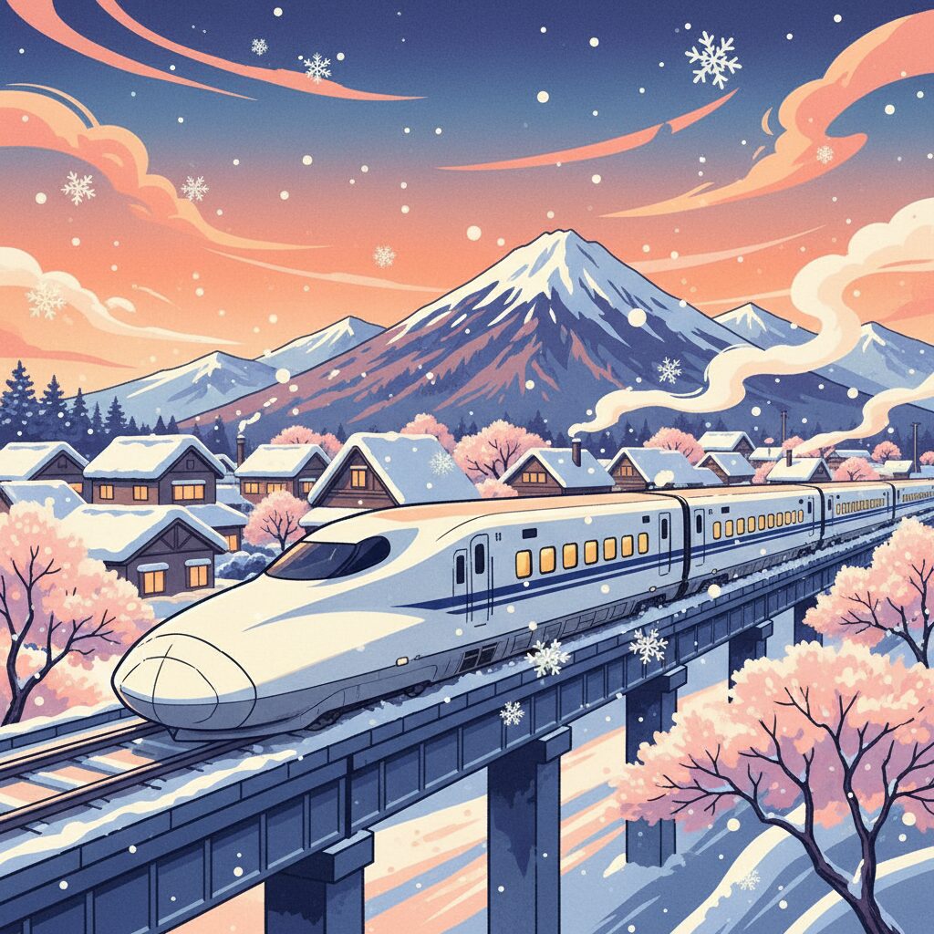 雪景色の中を走る新幹線と古民家、山々が描かれたイラスト