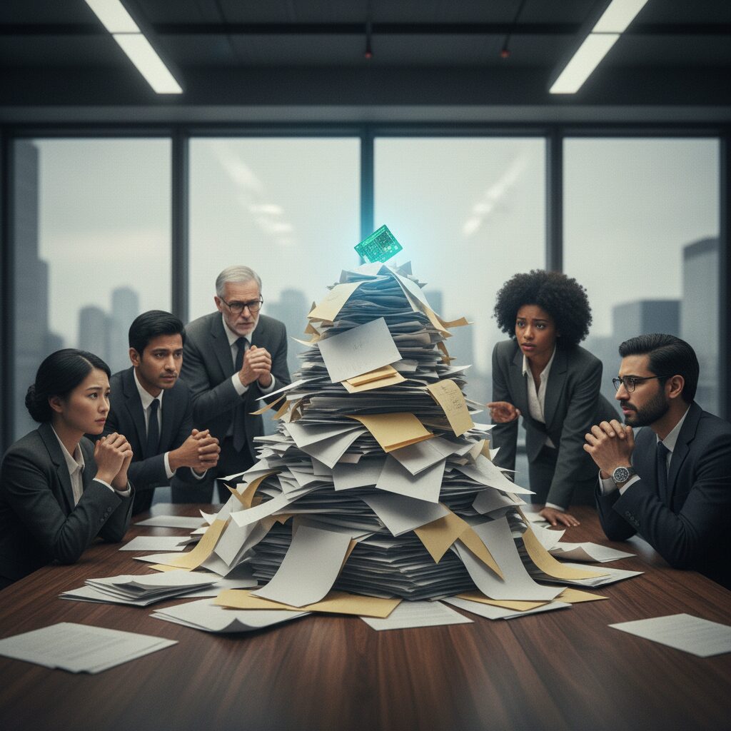 大量の紙の束の上に小さくマイナンバーカードが置かれ、それを取り囲むように心配そうな表情の人々が描かれた写真