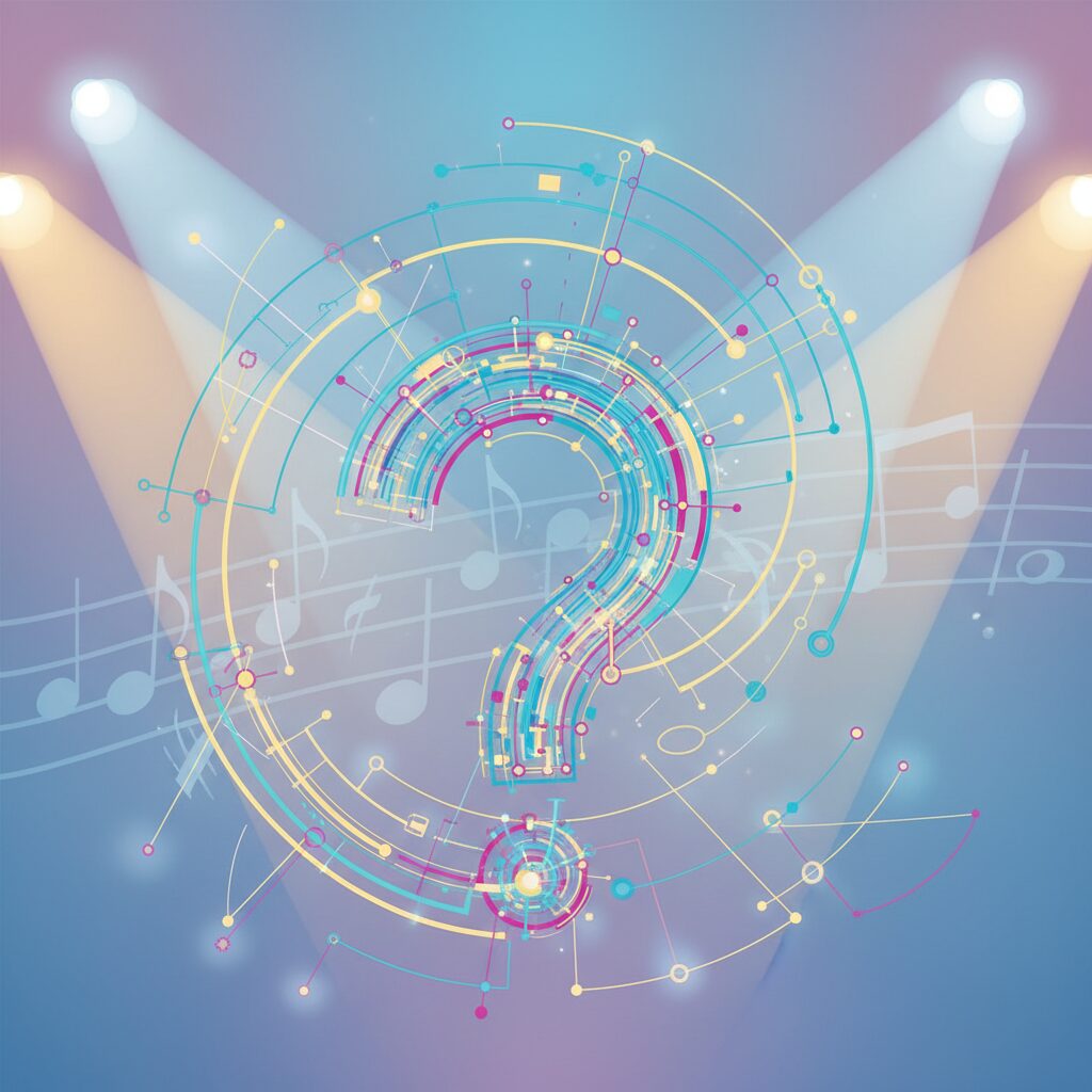 音楽業界における人物の関連性を探る抽象的なイラスト