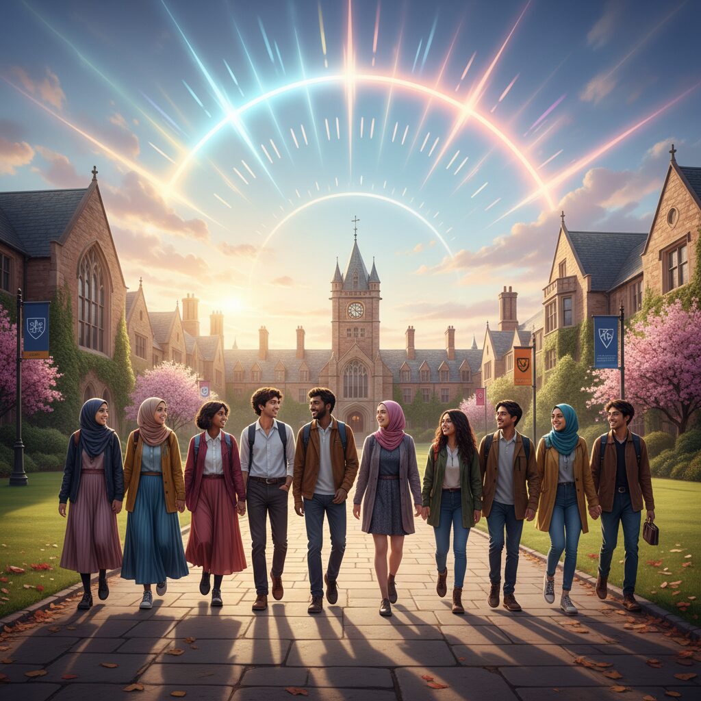 さまざまな性自認を持つ学生が共に学ぶ女子大学のキャンパス風景