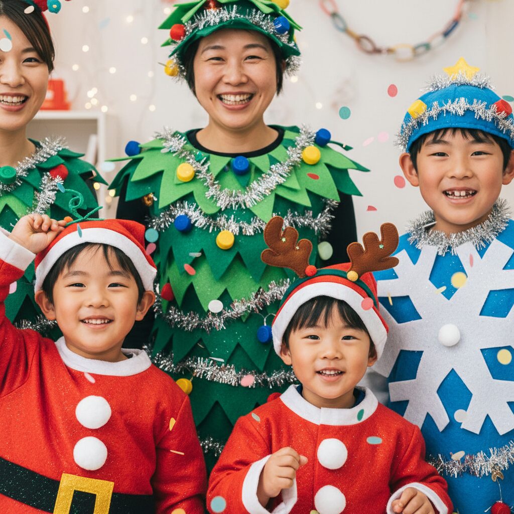 100円ショップの材料で作られた、子供と大人の手作りクリスマス衣装。サンタやツリーのデザインで、フェルトや毛糸が使われている。楽しそうな雰囲気。